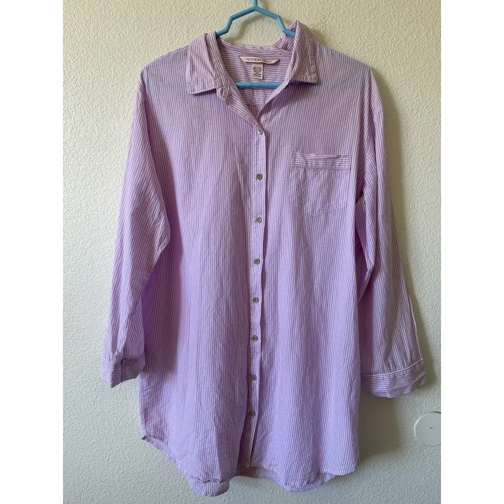 Victorias Secret Womens Sleep Shirt Dress Purple Stripe 100% Cotton L